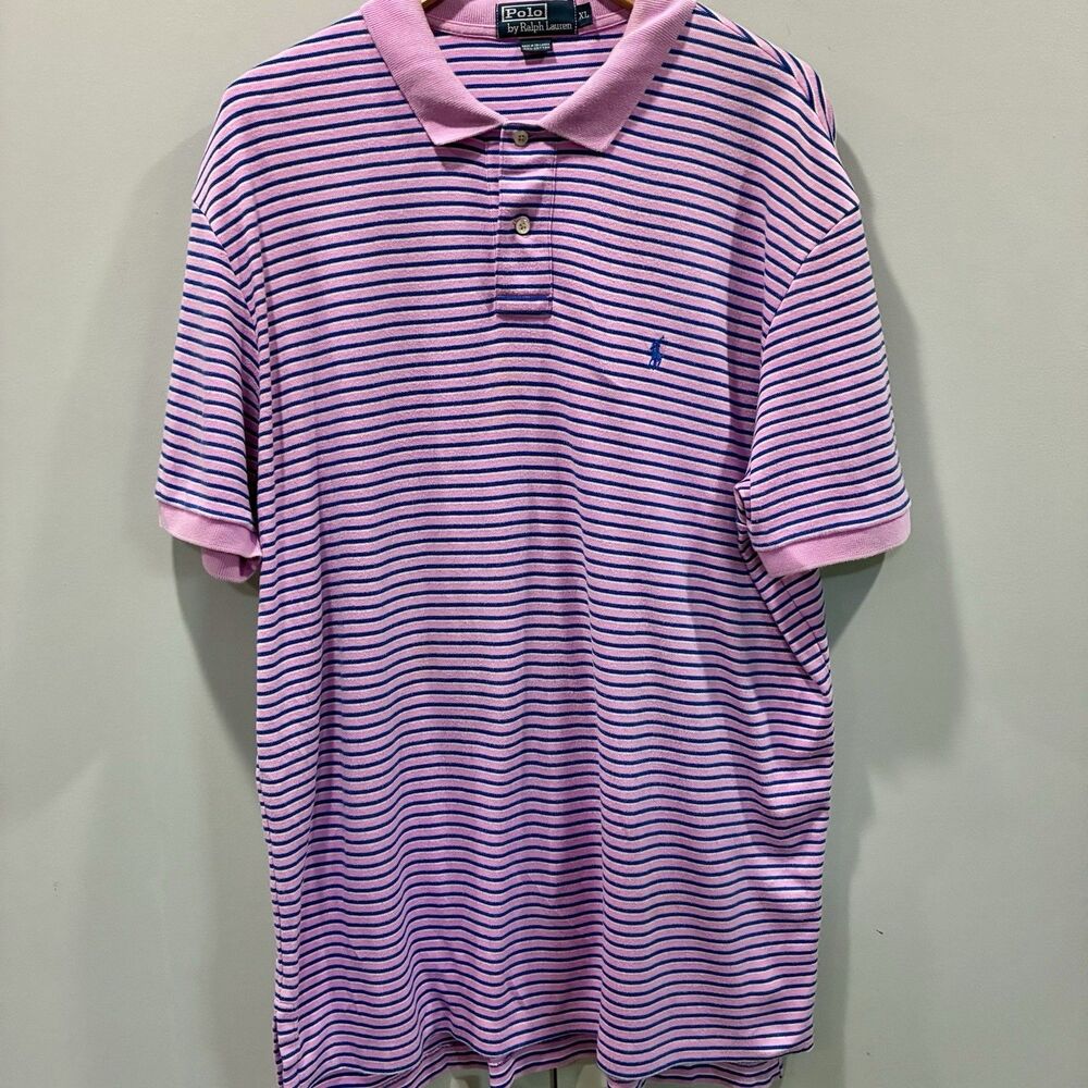 Polo Ralph Lauren Mens XL Polo Shirt Pink Navy Blue Striped Short Slv Cotton Vtg